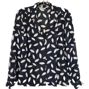 Shapely Women's Size 14 Navy Leaf Long Sleeve Sheer Button-Up Shirt Top Blouse